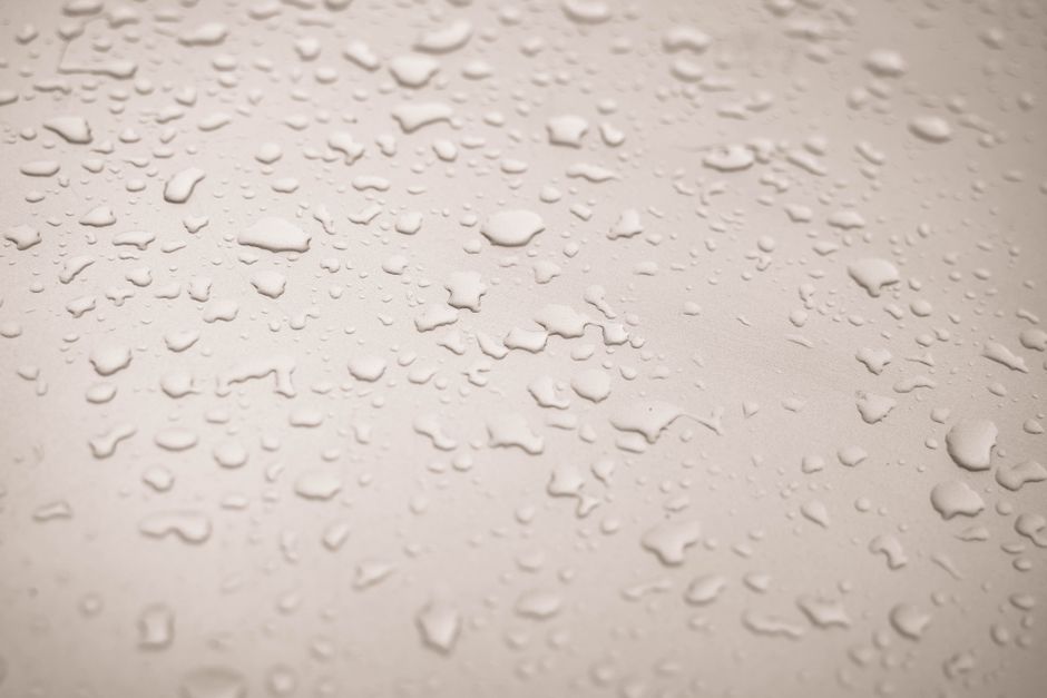 Detailed close-up showing droplets of water scattered on a smooth surface.